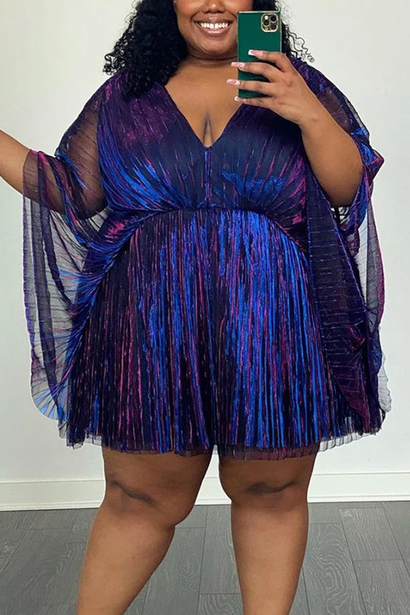 Plus Size Cocktail Party Batwing Sleeves Pleated Metallic Reflective V Neck Mini Dress