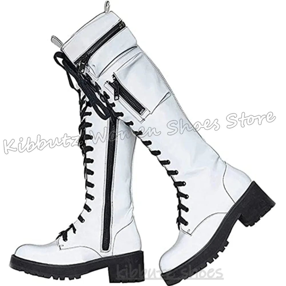 Knee High Boots Bling Glossy Pocket Zipper Lace-Up Round Toe Chunky Heels Fashion Punk Rock Gothic Novelty Sexy Women Shoes New