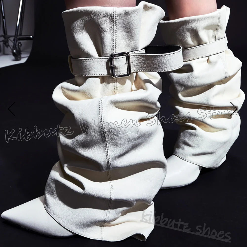 Knee High Boots Pleated Leather Solid Color Pointy Thin High Heels Belt Buckle Solid Color Novelty Fashion Elegant Women Shoes