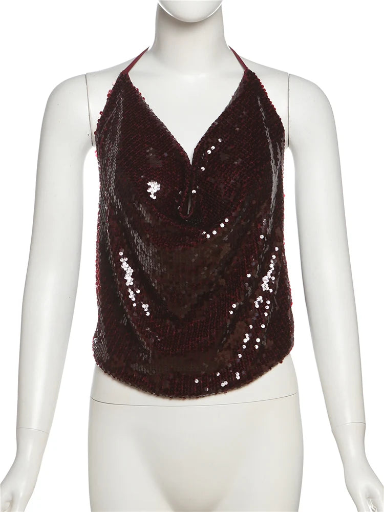 Weird Puss Y2K Sequins Sexy Camisole Women Backless Swing Collar Glitter Beach Vacation Wild Midnight Club Summer Trend Vest