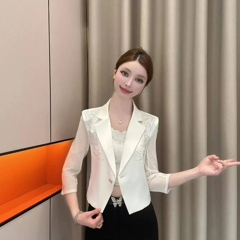 Women Blazers Coat Hot Stamping Slim Fit Seven Quarter Sleeve Jacket for Women in Spring 2025, New Niche Top