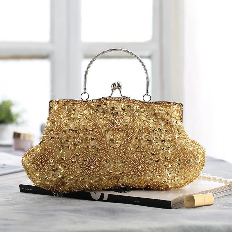 Fashion Glitter Clip Evening Purse Bead Embroidery Clutch Crossbody Bag Women Banquet Bridesmaid Wedding Party Tote Shoulder