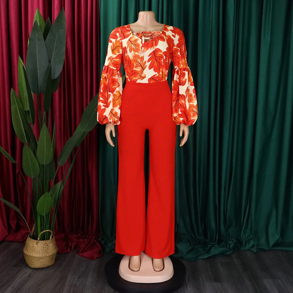 2 Pieces Sets Womens Outfits Two Pieces Outfits Printed Shirts Full Sleeve Long Trouser Fashion Elegant Ladies Matching Sets New