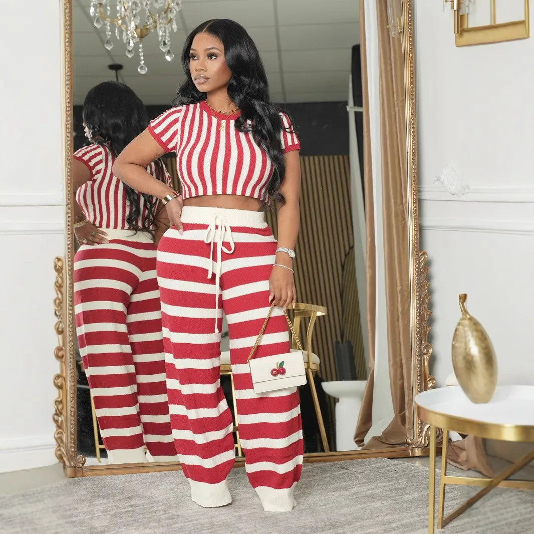 CM.YAYA Women's Set Short Sleeve Striped T-shirt + Wide Leg Pants Active Fitness Streetwear Two 2 Piece Sets Outfits Tracksuit