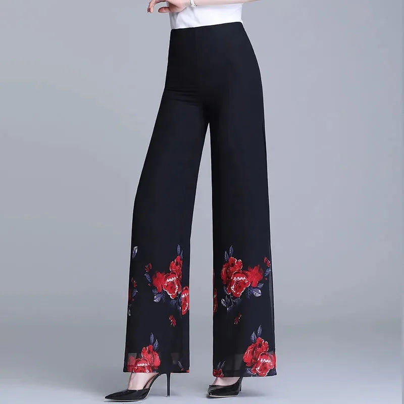 Double Layer Printed Chiffon Wide Leg Pants For Women's Summer New High Waisted Loose Dance Swing Pants Drooping Skirt Pants LA