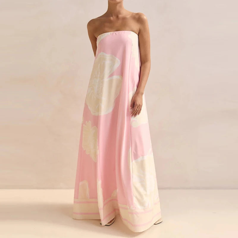 Casual Off Shoulder High Waist Loose Long Dress Backless Printed Holiday Women Dresses Summer Sexy Strapless Pleated Beach Dress