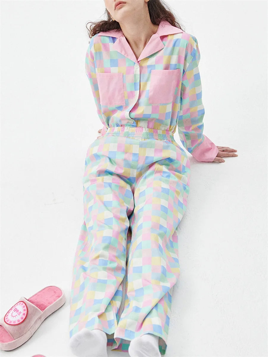 Women 2 Piece Pajamas Set Colorful Plaid Print Long Sleeve Button up Shirt and Elastic Pants for Loungewear Soft Sleepwear Pjs