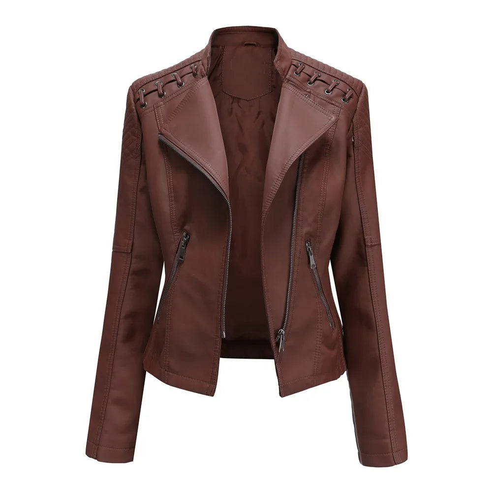 Spring Autumn Leather Jacket Women Slim Fit Motor Biker PU Leather Short Coat Stand Collar Ladies Zipper Outerwear 2024 New