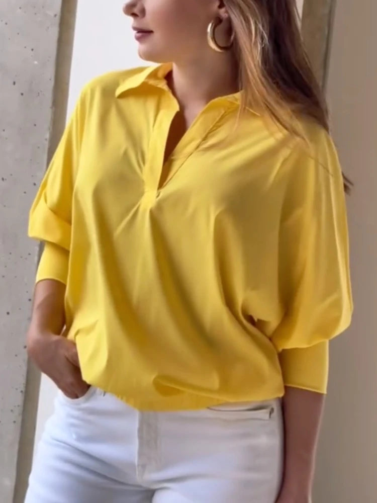 Beautyblue Women Yellow Blouse Cotton Shirt Summer New Casual Loose Tops Spring Chic Lapel Shirt Female Work Wear Shirt Blouse