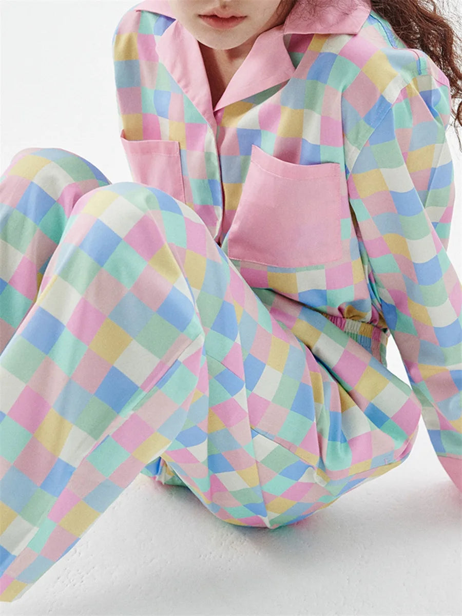 Women 2 Piece Pajamas Set Colorful Plaid Print Long Sleeve Button up Shirt and Elastic Pants for Loungewear Soft Sleepwear Pjs