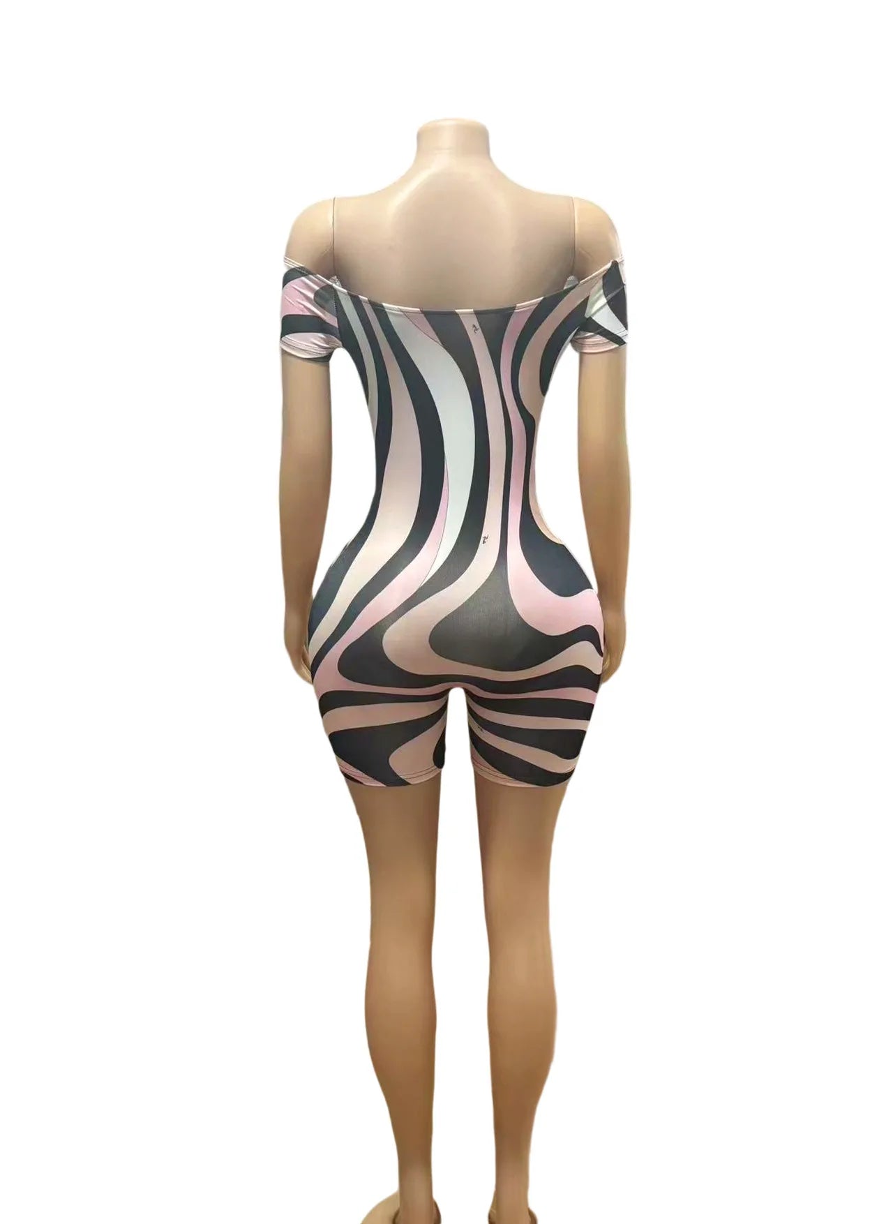 FAGADOER Sexy Stripe Print Bodycon Romper Women Off Showlder Backless One-piece Jumpsuits Hot Girl Streetwear Overalls 2025 New