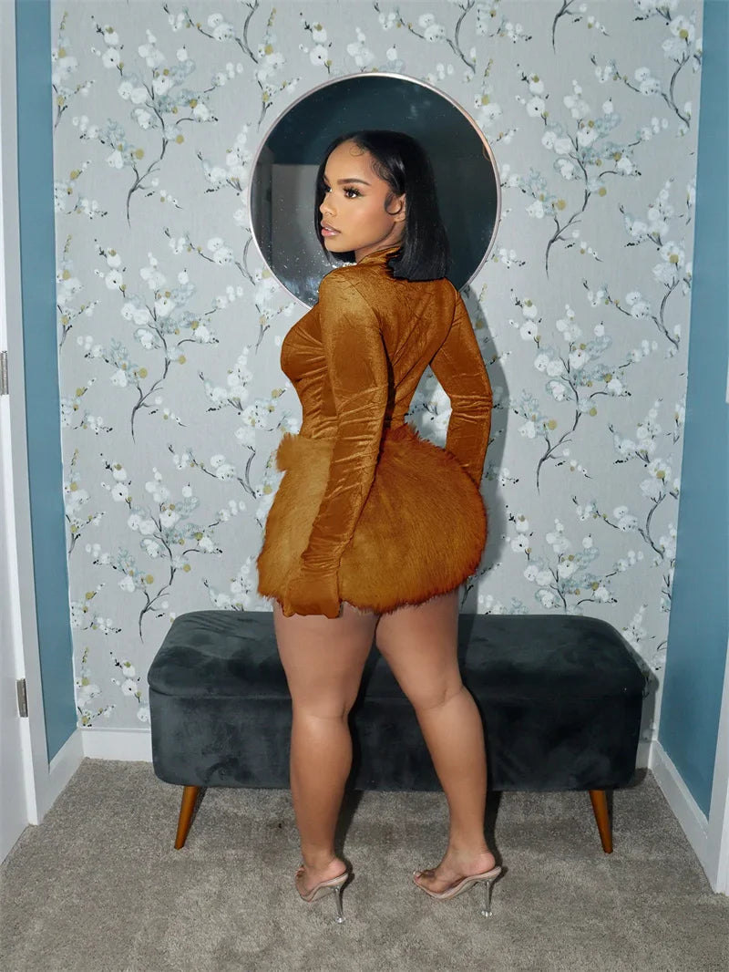 Velvet Long Sleeve Solid Gloves Sexy Bodysuit Furry Skirt 2 Piece Sets Fall Winter Women Elegant Outfit Party Birthday