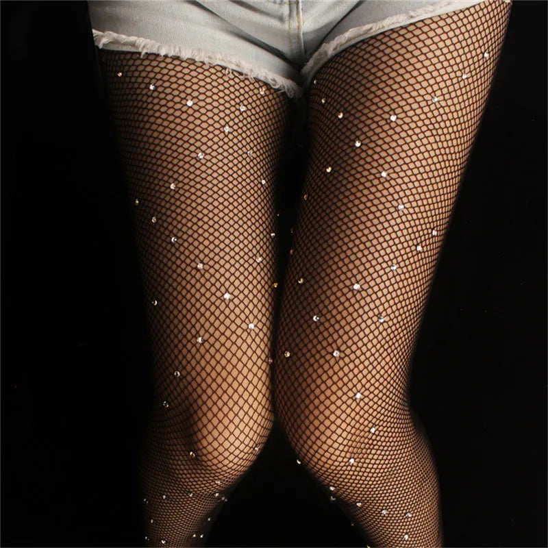 Women's Sexy Crystal Bling Stockings Rhinestone Fishnet Flash Mesh Ladies Skinny Sequins Pantyhose for Female Night Clubwear