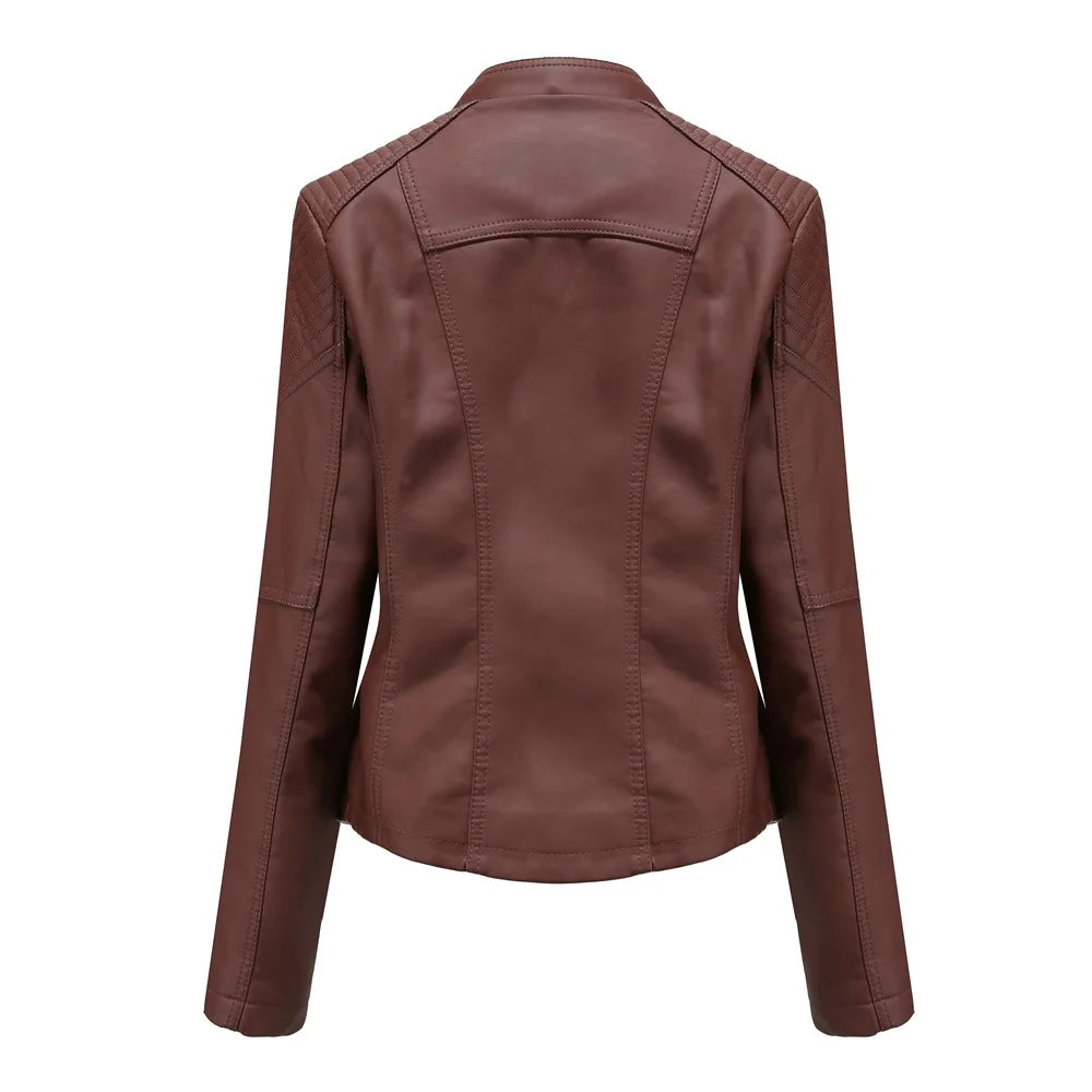 Spring Autumn Leather Jacket Women Slim Fit Motor Biker PU Leather Short Coat Stand Collar Ladies Zipper Outerwear 2024 New
