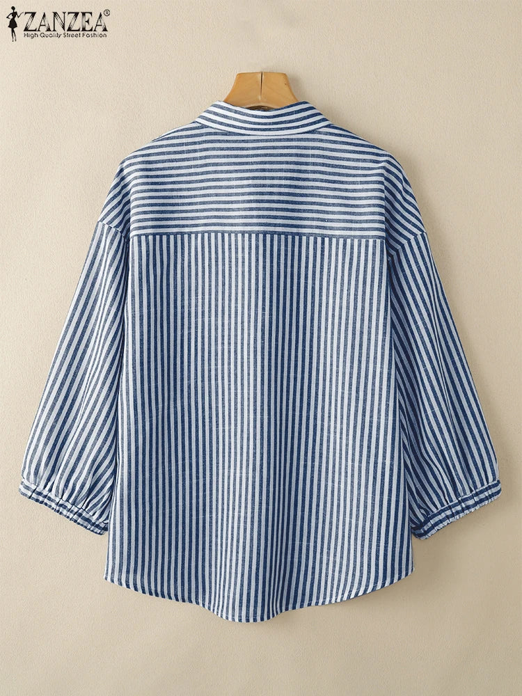 ZANZEA Women Casual Striped Shirts 2025 Summer 3/4 Lantern Sleeves Turn-Down Collar Chemises Femme Commute Office Work Tops