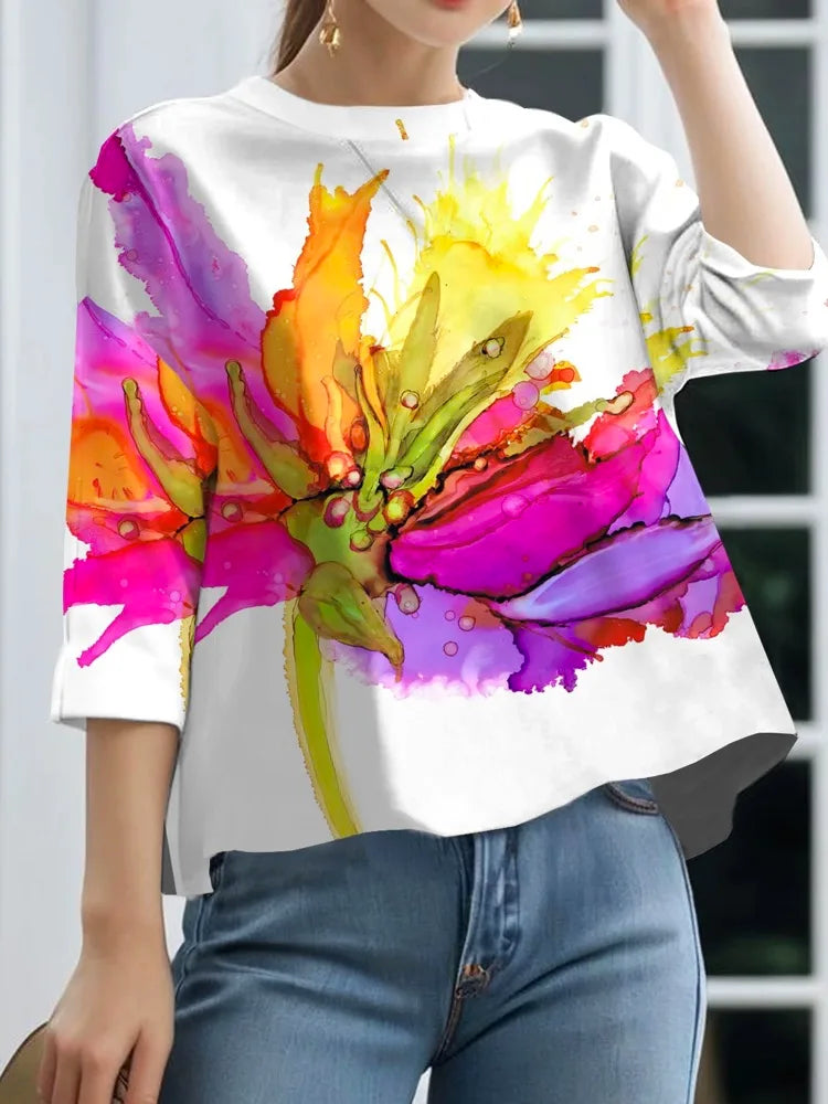 Women T-shirt 2024 New Summer Casual Simple Tops Round Neck Three-Quarter Sleeves Floral Printed Loose Fit Pullovers