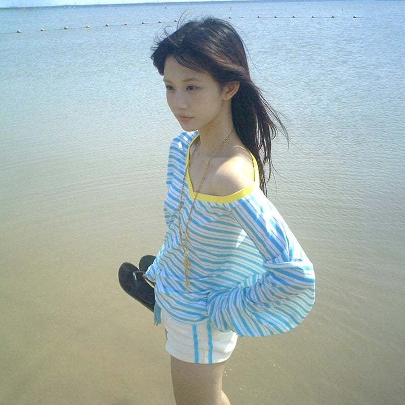 Karrram Japanese Y2k Blue Striped T-shirt Korean 2000s Style V-neck Long Sleeve T Shirt Vintage Harajuku Off Shoulder Loose Tops