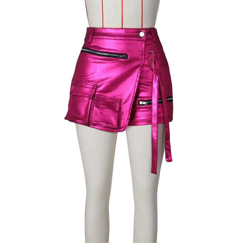 Shiny Metallic Irregular Shorts Skirts Women Y2K Clothing High Waist Button Fly Pockets Zipper Party Club Birthday Short Mujer