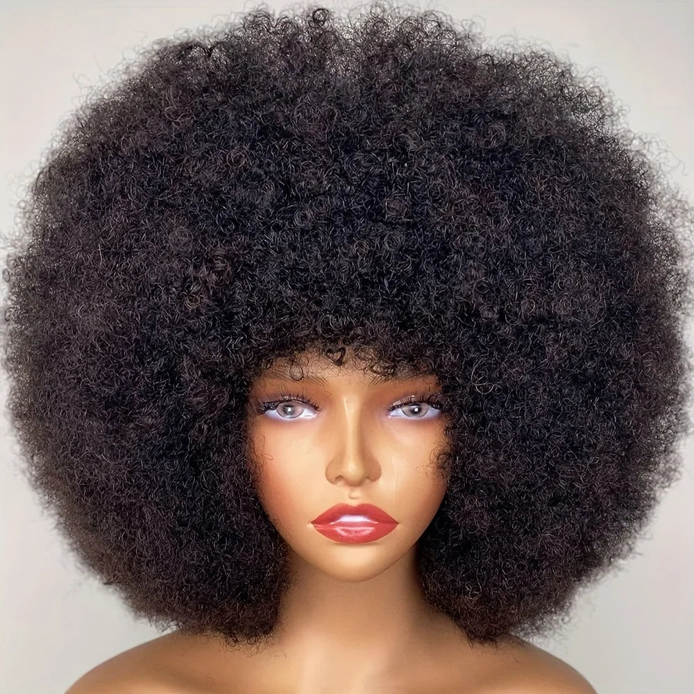 Newmi Hair Fluffy Kinky Curly Human Hair Wig With Thick Bangs 180% Density Glueless Brazilian Virgin None Lace Wig Natural Color