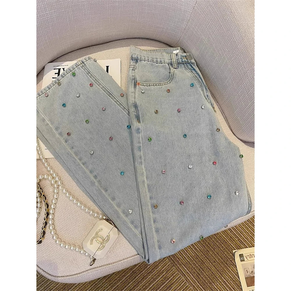 Women Diamonds Denim Pant Korean Fashion High Street Straight Ankle-Length Jeans Spring Autumn All-Match Office Lady Long Pants