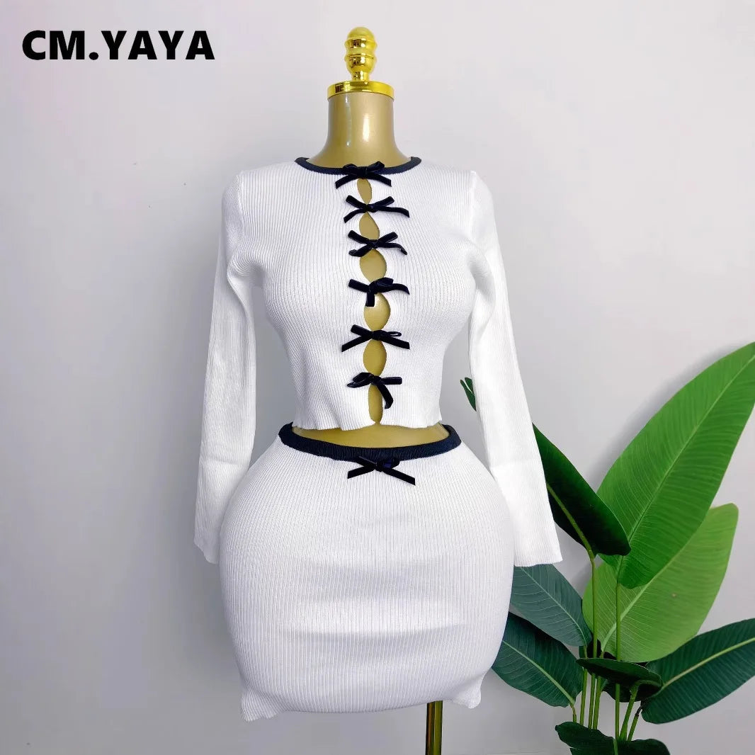 CM.YAYA Knit Ribbed Women's Set Long Sleeve Bowknot Tops and Mini Skirts 2025 Street Party Two 2 Piece Sets Outfits Tracksuits