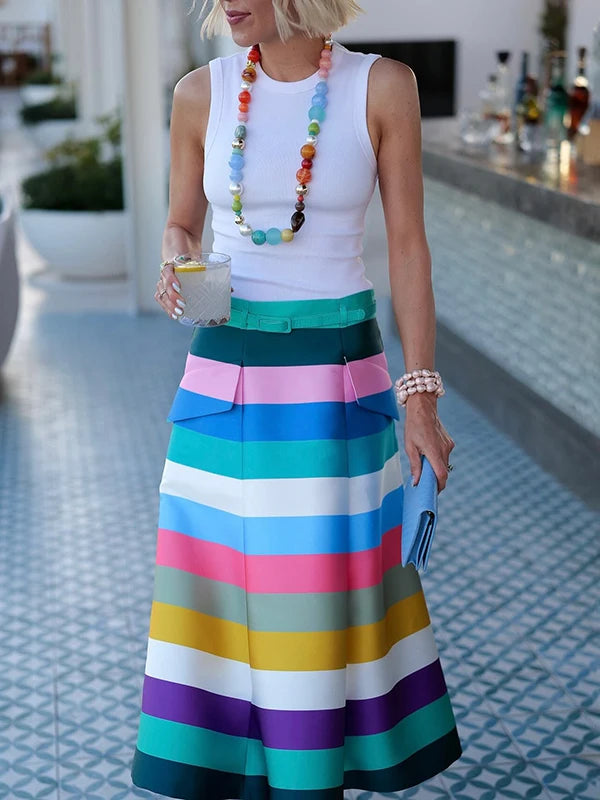 Krisstarsgirls 2025 Colorful Striped Skirts for Women Trendy Summer Split-joint Belted Pockets Skirts Bottoms Clothes for Woman
