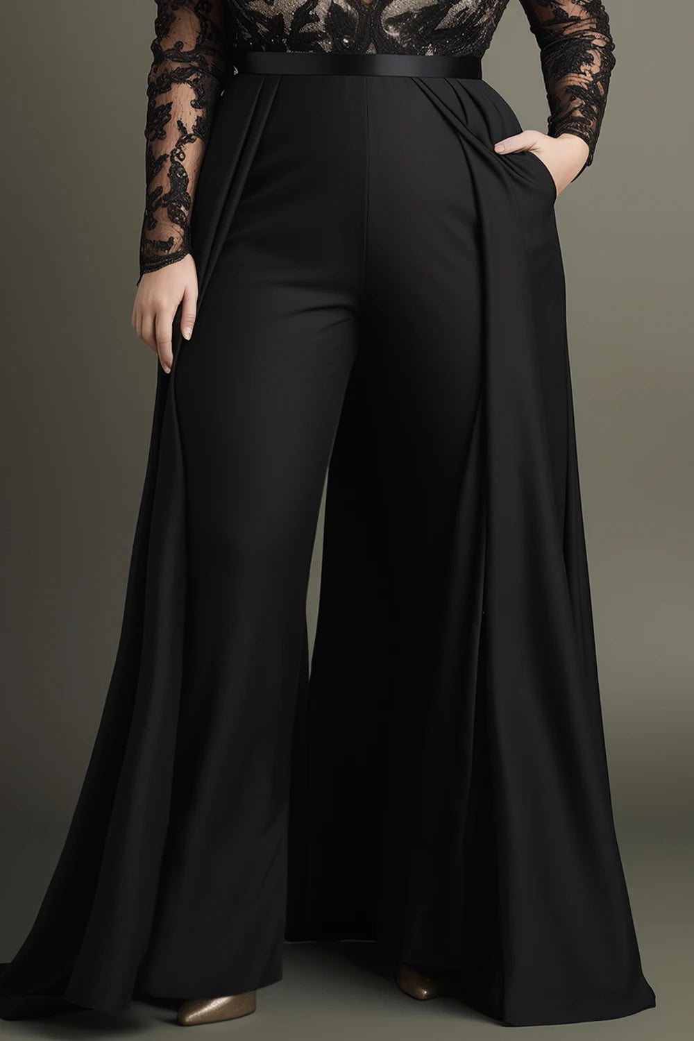 Flycurvy Plus Size Wedding Guest Black Lace Deep V Neck Long Sleeve Pocket Jumpsuit