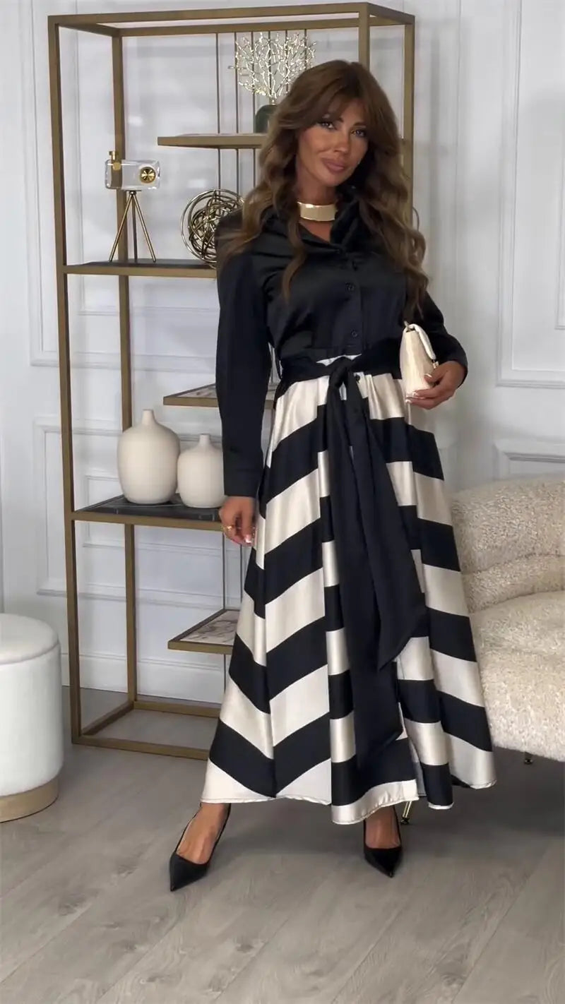 Women's Fashion Spring Autumn Satin Long Dress Casual Long Sleeved Lace Up Turn-down Collar Skirts Vintage Pattern Printed Dress