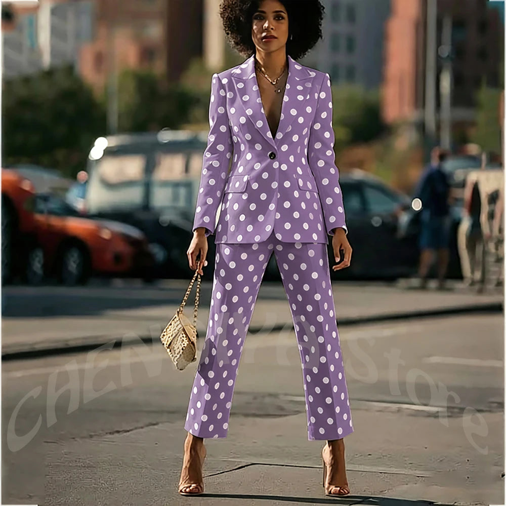 White Polka Dot Women's Suit 2 Pieces New Design Single Button Blazer Ankle Pants Fashion Set Formal Party Business Office Wear
