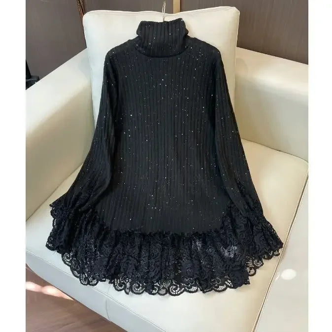 Autumn and Winter New Fashionable Style Lace Splicing Bottom Shirt Thin Solid Color Loose Look Casual Loose Long Sleeves Top