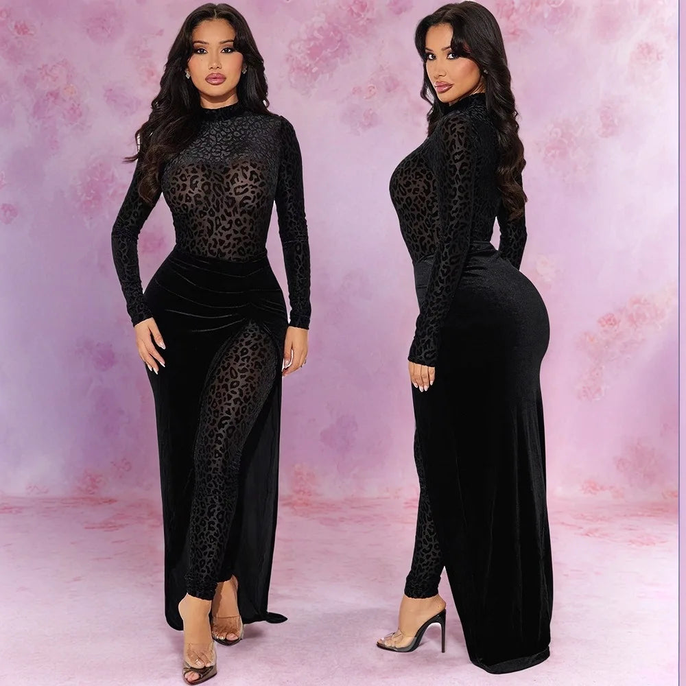 CM.YAYA Women's Set Leopard Velvet Long Sleeve Jumpsuits +Long Skirts 2025 Spring Streetwear Sexy Party Two 2 Piece Sets Outfits