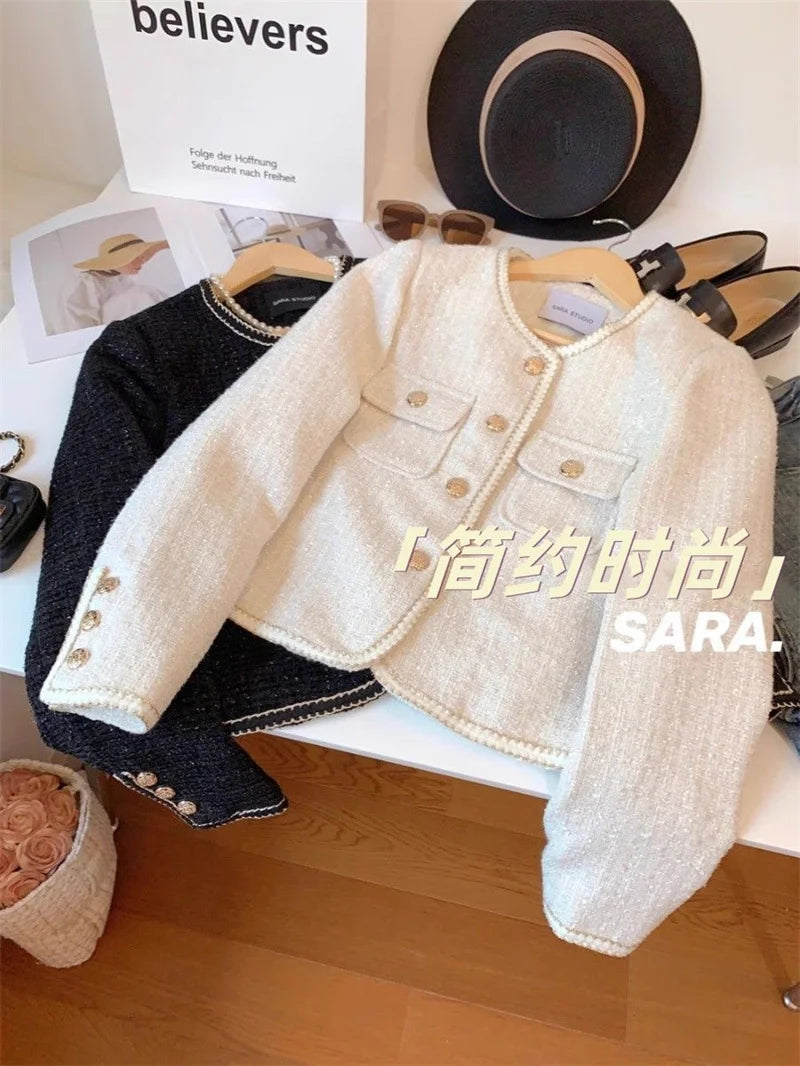 High-End Warm Down Cotton Jacket With Fragrance Tweed Woven Quilted Woolen Suit For Women Autumn Winter 2024 O-Neck Short Top