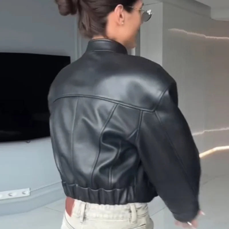 Slim Fit Faux Leather Jackets Women Classic Moto Biker PU Fitted Zipper Jacket Spring Autumn Basic Bomber Coat Street Outerwear