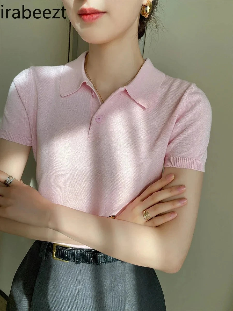 Casual Slim Fit Pink Breathable Knit Polo Top For Women