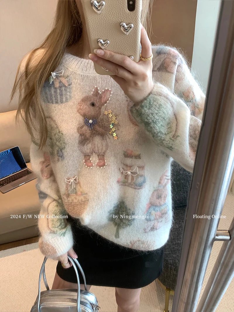 Rabbit Print Beaded Knit Sweater
