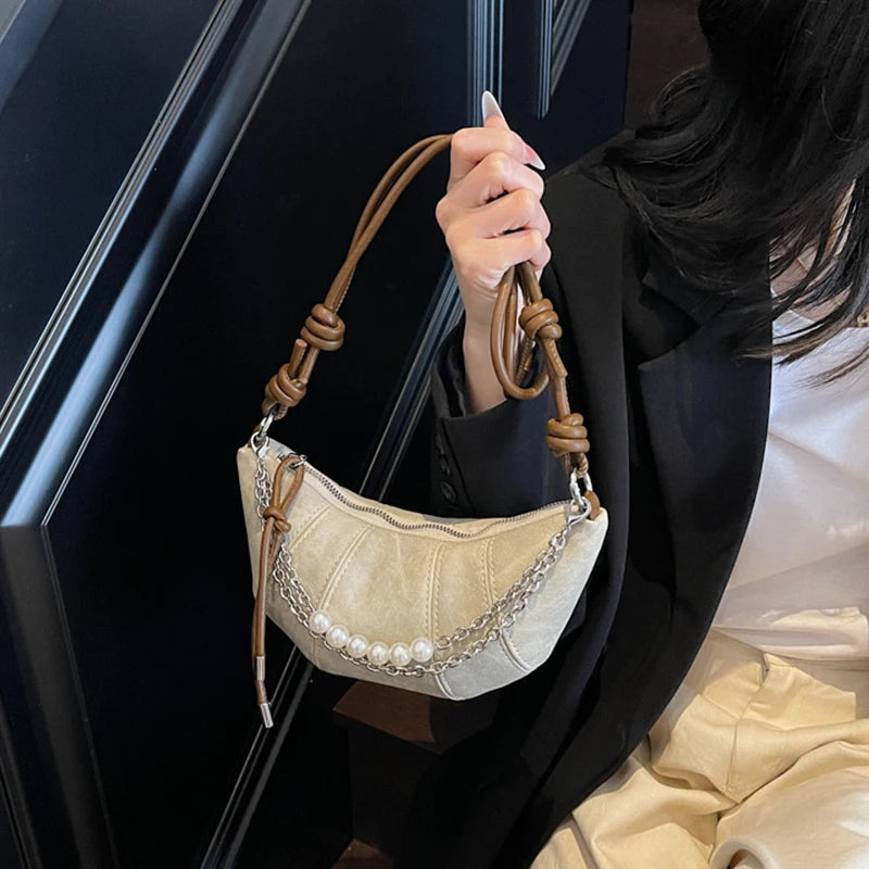 Retro Denim Dumpling Bag Creative Horn Design Pearl Pendant Messenger Bag Brand High-grade Leather Ladies Versatile Shoulder Bag