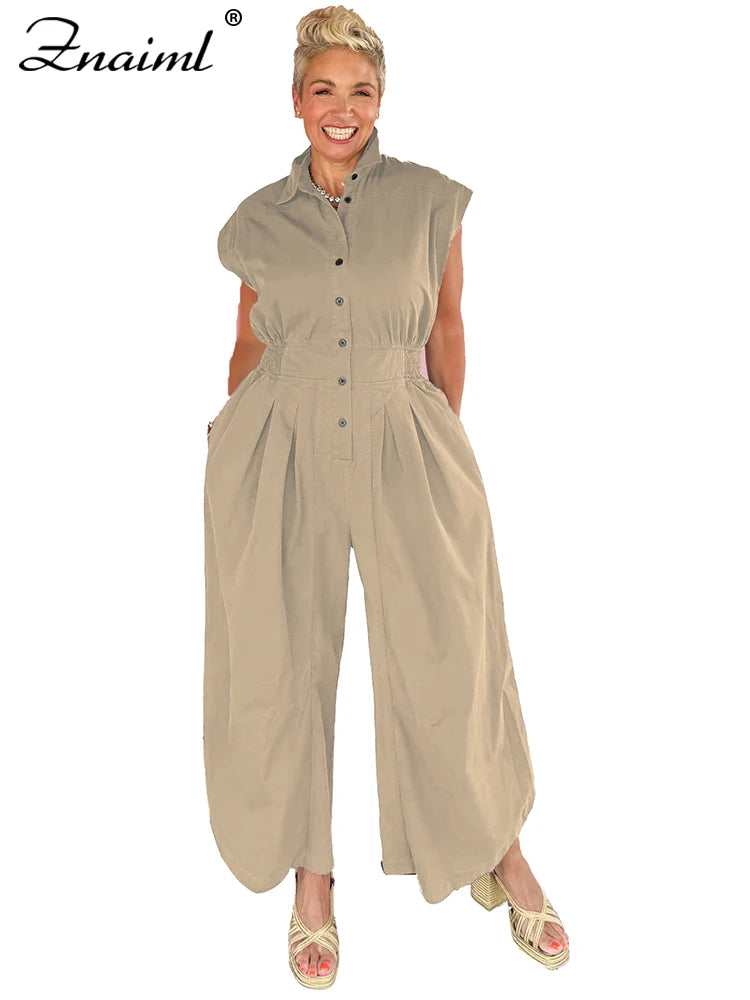 Znaiml Casual Loose Pocket Jumpsuit Women Sleeveless Button High Waist Wide Leg Rompers Street Overalls One Pieces Cargo Pants