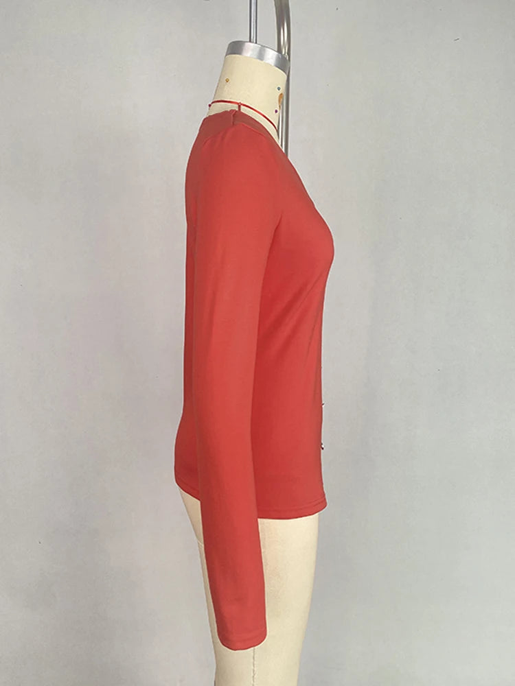 Long Sleeve T-shirt Women Skinny Clothies 2025 Fashion Pearl Buttons V-neck Irregular Red Black Casual Female Y2k Tops