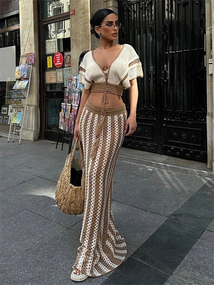 Wmstar Women Two Piece Set Sexy Elegant Knitted Crochet Beach Stripe Crop Tops Long Skirts Matching Set Holiday Birthday Outfits