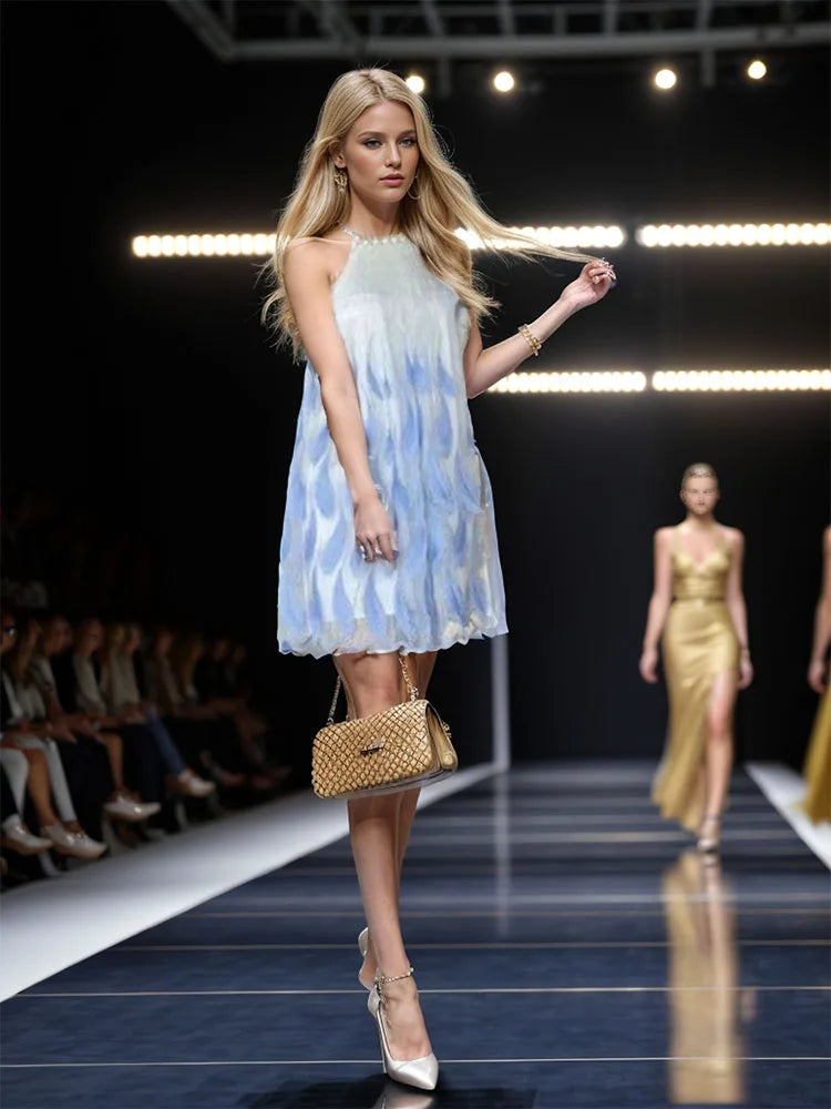 Fashion Sweet Short Elegant Dress 2024 Summer New Heavy Pearl Halter Blue Feather Embroidered Gold Thread Sleeveless Sling Dress