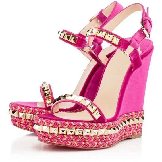 Metallic Trim Suede Wedge Sandals With Buckle Straps For Women