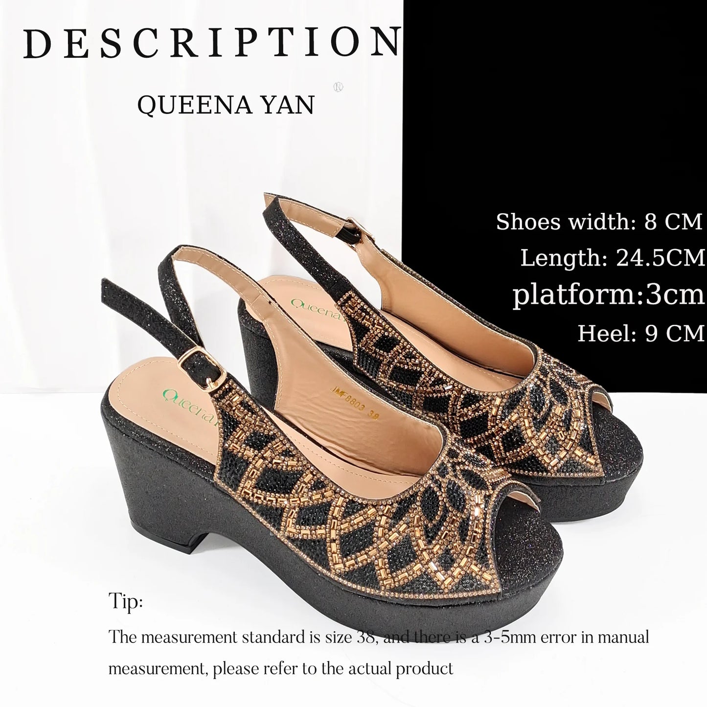 Queena Yan 2025 Italian design full rhinestone detailing comfort platform heels and matching bag Women's Fashion Peep Toe Shoes