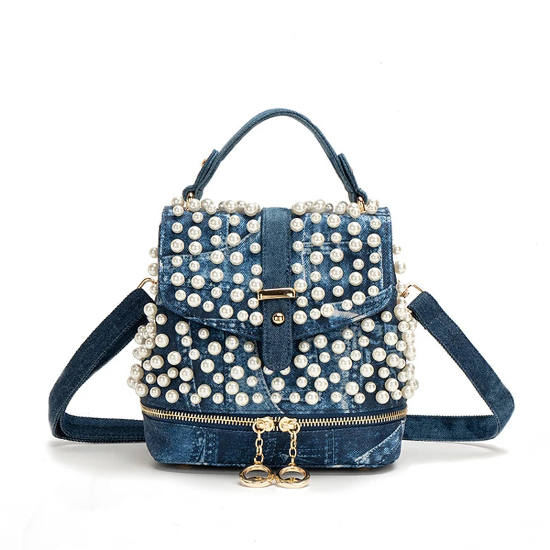 Diamond Embellished Denim Multiway Backpack for Women