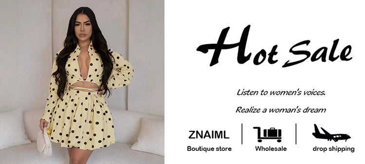 Znaiml Elegant Apricot Women 2 Piece Set Birthday Party Outfit Long Sleeve Crop Top and Ball Bown Skirt Polka Dot Suit Beachwear