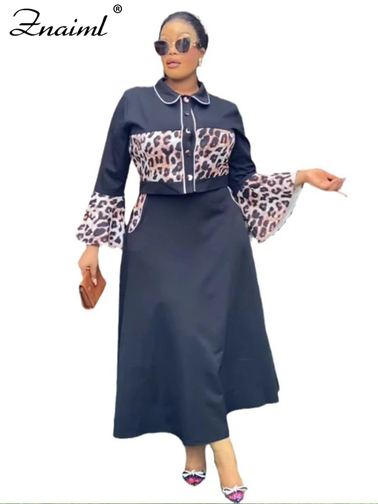 Znaiml Elegant Leopard Patchwork A-line Skirts and Crop Tops Flare Sleeve 2 Piece Sets Woman Birthday Festival Indie Folk Outfit