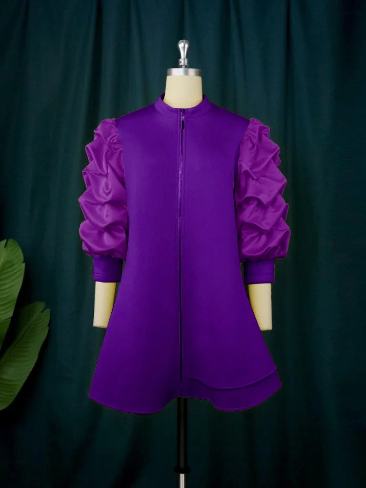 Wmstar Plus Size Dresses for Women Elegant Lady Loose Purff Zipper Up Long Sleeve Party Mini Dress Wholesale Dropshipping 2024