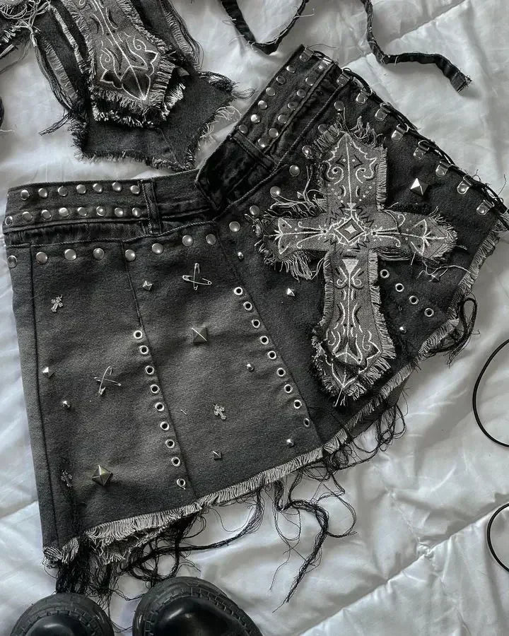 Harajuku Gothic Leather-Spliced Set