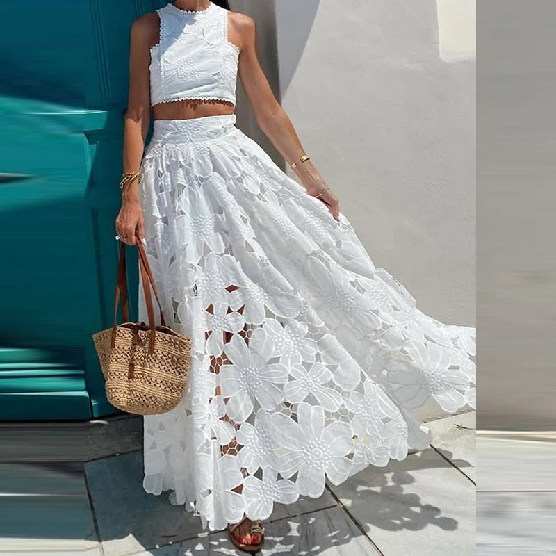 Spring Summer Holiday Boho Outfit Women Sexy O Neck Sleeveless Crop Top & Maxi Skirts Set 2025 Fashion Embroidery Lace 2pcs Suit