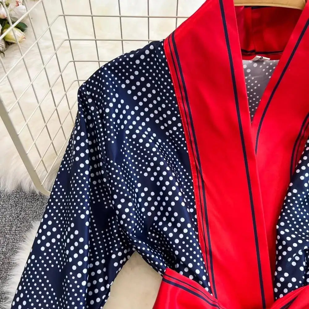 Women Contrast Dot Print V-Neck Loose Lace Up Top+Elastic Waist Wide Leg Pant Suit Autumn Fashion Kimono Cardigan Two Piece Set