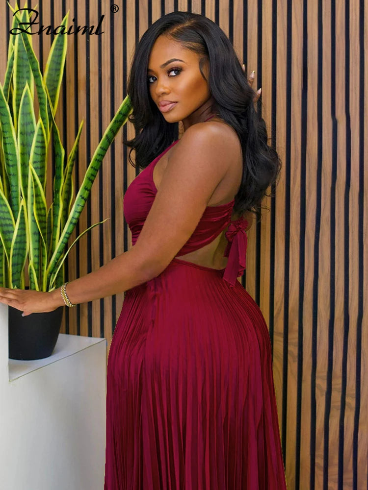 Znaiml Elegant Satin Pleated Vacation Burgundy Maxi Dress Women V-neck Straps Backless Bow Tie Long Vestidos Birthday Clubwear